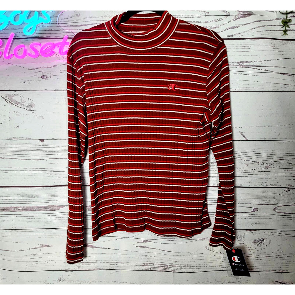 NWT Y2K Vibes‎ Champion Red Striped Ribbed Mock Neck Pullover Sweater Womans XL
